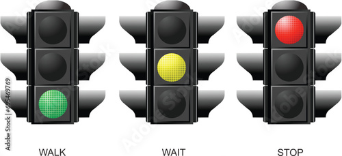 Set of traffic lights. Red signal. Yellow signal. Green signal photo