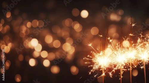 Burning Christmas sparkler lights on dark bokeh background, free space for text