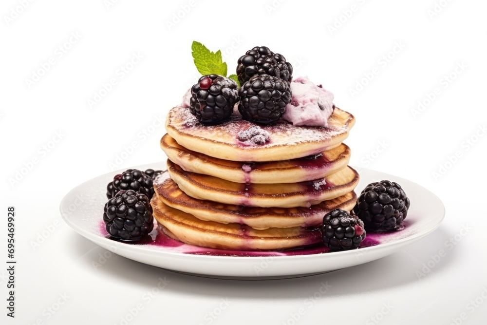 a stack of pancakes sitting on top of a white plate with berries on top of it and whipped cream on top of the pancakes and blackberries on top of the pancakes. a stack of pancakes sitting on top of a white plate with berries on top of it and whipped cream on top of the pancakes and blackberries on top of the pancakes.