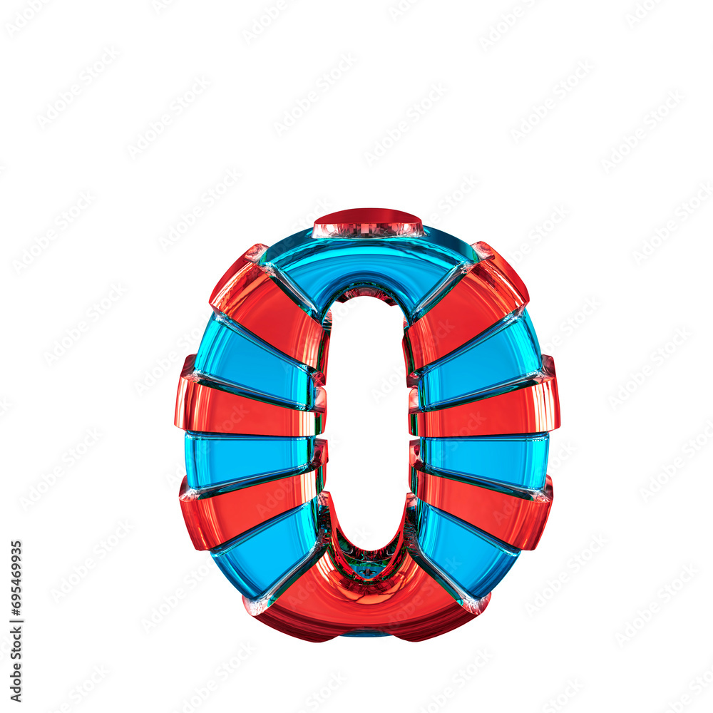 Blue symbol with red horizontal thin straps. letter o Blue symbol with red horizontal thin straps. letter o