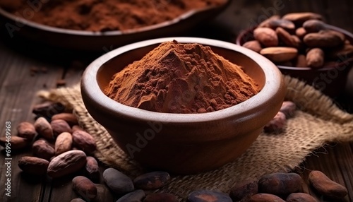 crude dark cocoa powder in a brown ceramic bowl. raw cocoa beans in the peel and raw chocolate.