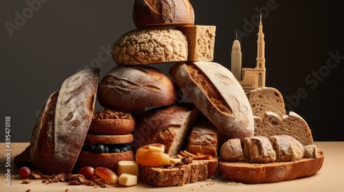 Different types of testy bread resembling the silhouette of the city. Homemade bread urbanism. Bakery Art