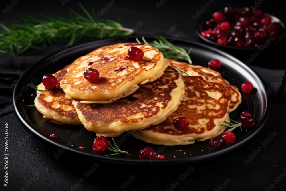 a stack of pancakes on a black plate with cranberries on the side and a sprig of rosemary on the side of the plate and a bowl of cranberries on the side. a stack of pancakes on a black plate with cranberries on the side and a sprig of rosemary on the side of the plate and a bowl of cranberries on the side.