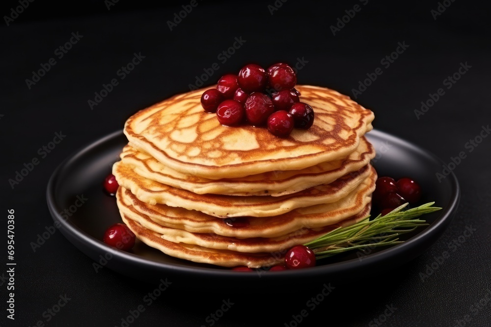 a stack of pancakes with cranberries on a black plate with a sprig of rosemary on top of the pancakes and some cranberries on the plate. a stack of pancakes with cranberries on a black plate with a sprig of rosemary on top of the pancakes and some cranberries on the plate.