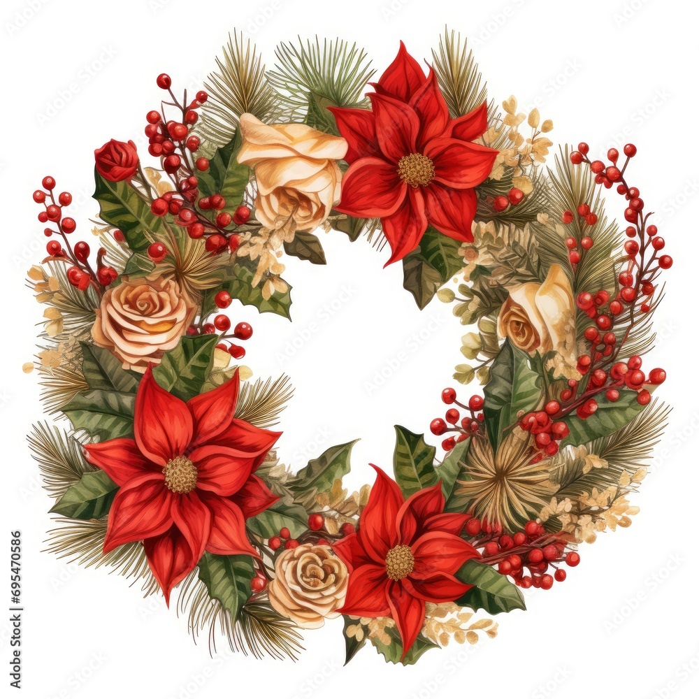 Christmas beautiful decorated festive wreath isolated on white background, Baroque style Christmas beautiful decorated festive wreath isolated on white background, Baroque style