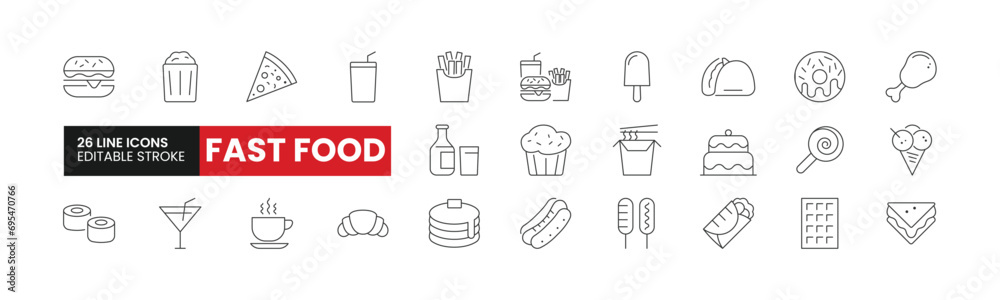 Set of 26 Fast Food line icons set. Fast Food outline icons with editable stroke collection. Includes Burger, Soda, Ice Cream, Hotdog, Pancakes, and More. - obrazy, fototapety, plakaty 