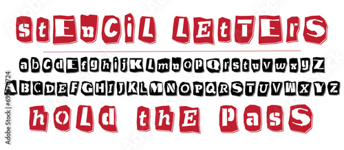 Ransom collage style stencil black and red letters numbers and punctuation marks cut from newspapers and magazines. Vintage ABC collection. Black and white alphabet Typography vector illustration