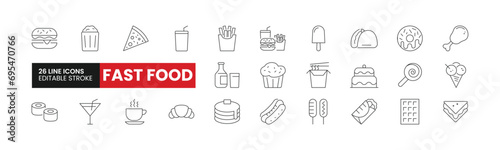 Set of 26 Fast Food line icons set. Fast Food outline icons with editable stroke collection. Includes Burger, Soda, Ice Cream, Hotdog, Pancakes, and More.