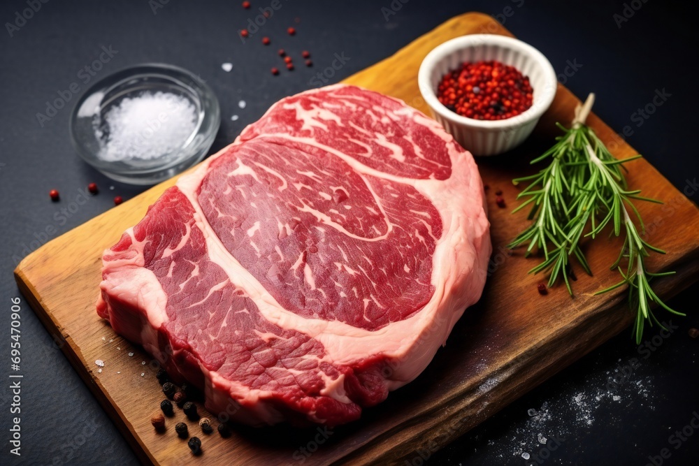 Raw fresh meat Ribeye Steak and seasoning on dark background. Raw fresh meat Ribeye Steak and seasoning on dark background.