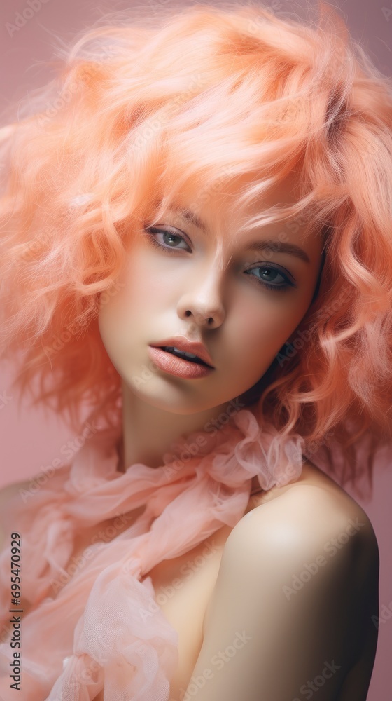 Peach Fuzz color beautiful professional fashion portrait, fantastic young woman model