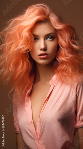 Peach Fuzz color beautiful professional fashion portrait, fantastic young woman model