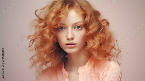 Peach Fuzz color professional fashion photo shot, lovely young woman model