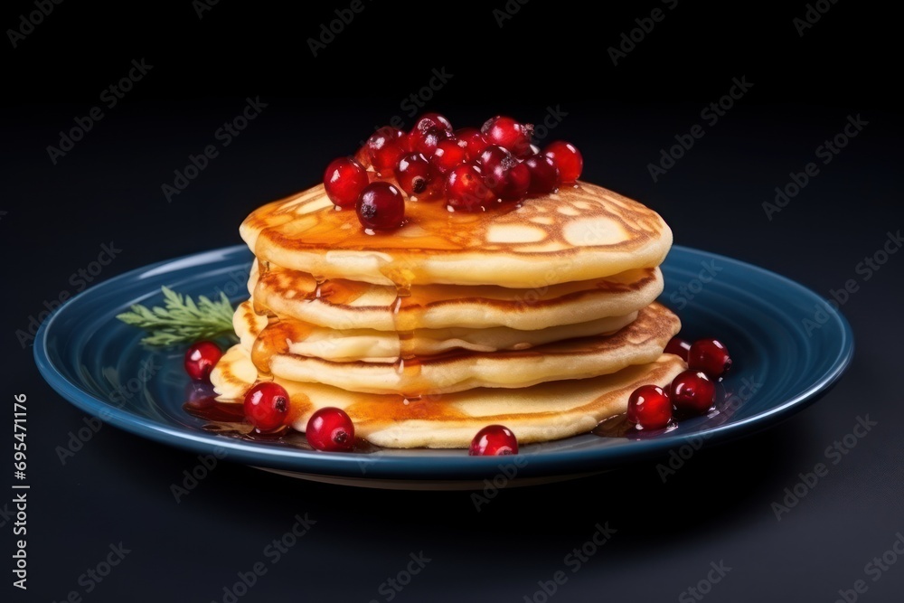 a stack of pancakes with syrup and cranberries on a blue plate with a sprig of pomegranate on top of the pancakes on a black background. a stack of pancakes with syrup and cranberries on a blue plate with a sprig of pomegranate on top of the pancakes on a black background.