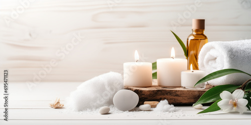 Spa Wellness Banner Background: Tranquil Setting with Candles, Towels, and Essential Oils - Wellness Retreat, Relaxation Concept, Aromatherapy Elements