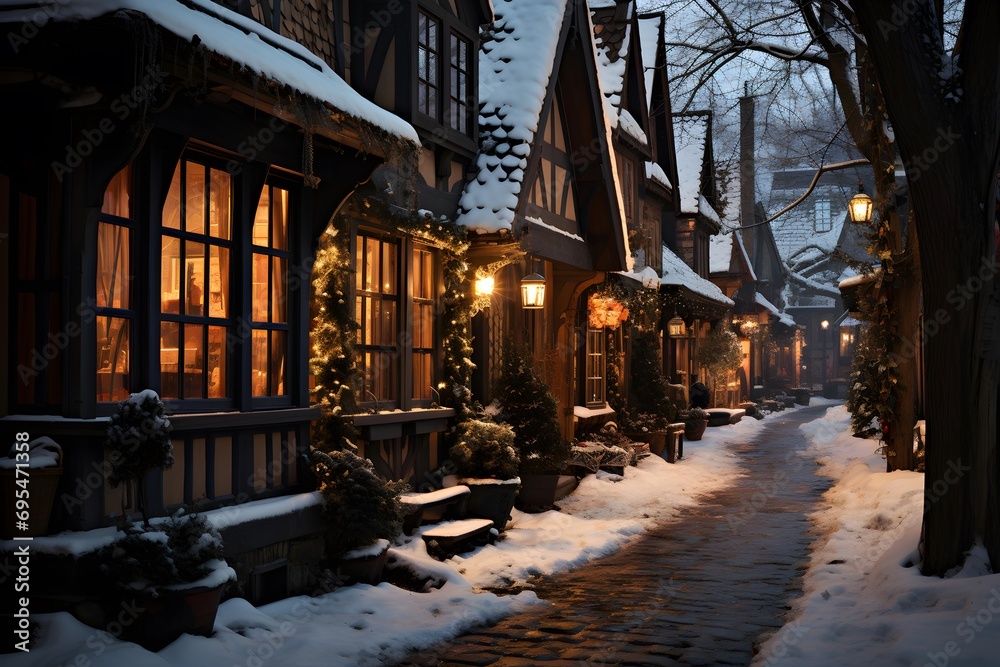 Winter street with houses and lanterns at night. High quality photo