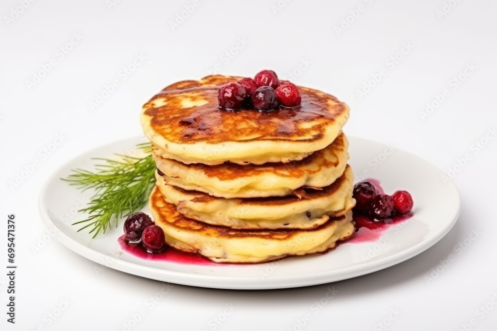  a stack of pancakes with cranberries and syrup on a white plate with a sprig of parsley on top of the plate, on a white background.