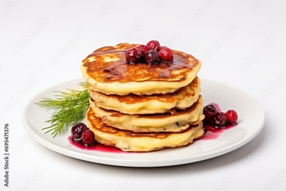 a stack of pancakes with cranberries and syrup on a white plate with a sprig of parsley on top of the plate, on a white background. a stack of pancakes with cranberries and syrup on a white plate with a sprig of parsley on top of the plate, on a white background.