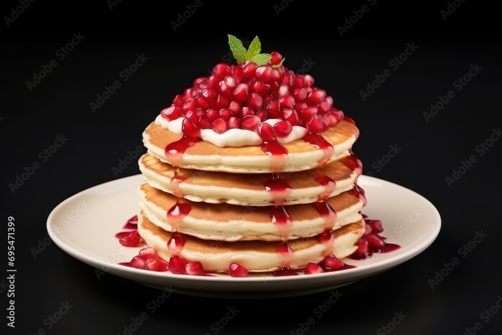 a stack of pancakes with pomegranates on top of them on a white plate on a black surface with a green leaf on top of the pancakes. a stack of pancakes with pomegranates on top of them on a white plate on a black surface with a green leaf on top of the pancakes.