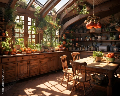 Kitchen interior with fruit and vegetables. Panoramic photo.