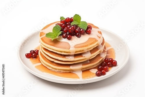  a white plate topped with pancakes covered in icing and topped with fresh cranberries on top of each of the pancakes are covered in icing and garnishes.