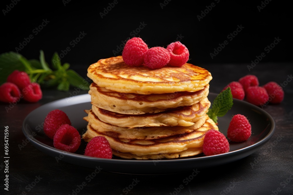  a stack of pancakes on a black plate with raspberries on the side and a leafy branch of mint on the other side of the stack of pancakes.