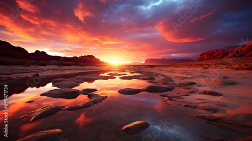 Fantastic sunset over the river. Panoramic image.