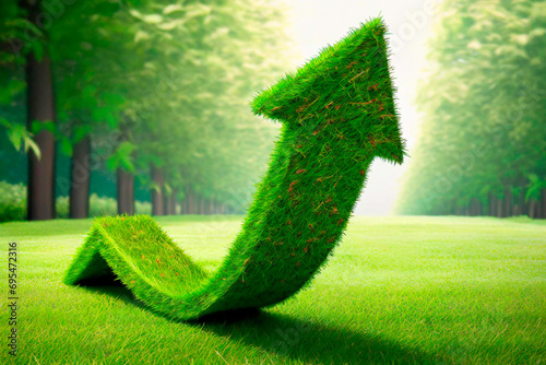 Arrow filled with grass pointing upwards. Natural landscape background with grassy areas and trees. Achieving sustainability goals. Positive sustainable development and performance.