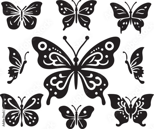 Silhouette Solid Vector Icon Set Of butterflies, Moth, Lepidopteran, Insect, Papillon.