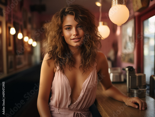 Beautiful young brunette woman in a bar