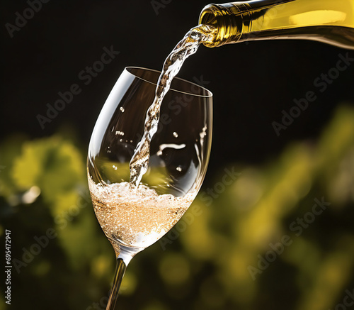 pouring white wine from bottle into glass. White wine is poured into a glass photo
