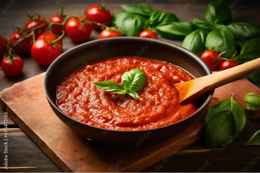 Classic homemade Italian tomato sauce with basil for pasta and pizza. Fresh tomato pasta sauce