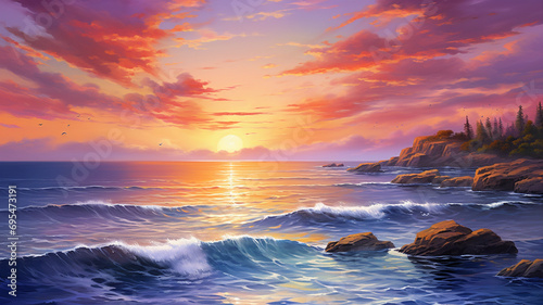 A picturesque scene of an incredible sea sunset, where the sky is ablaze with hues of orange and purple, and the calm sea reflects the breathtaking colors