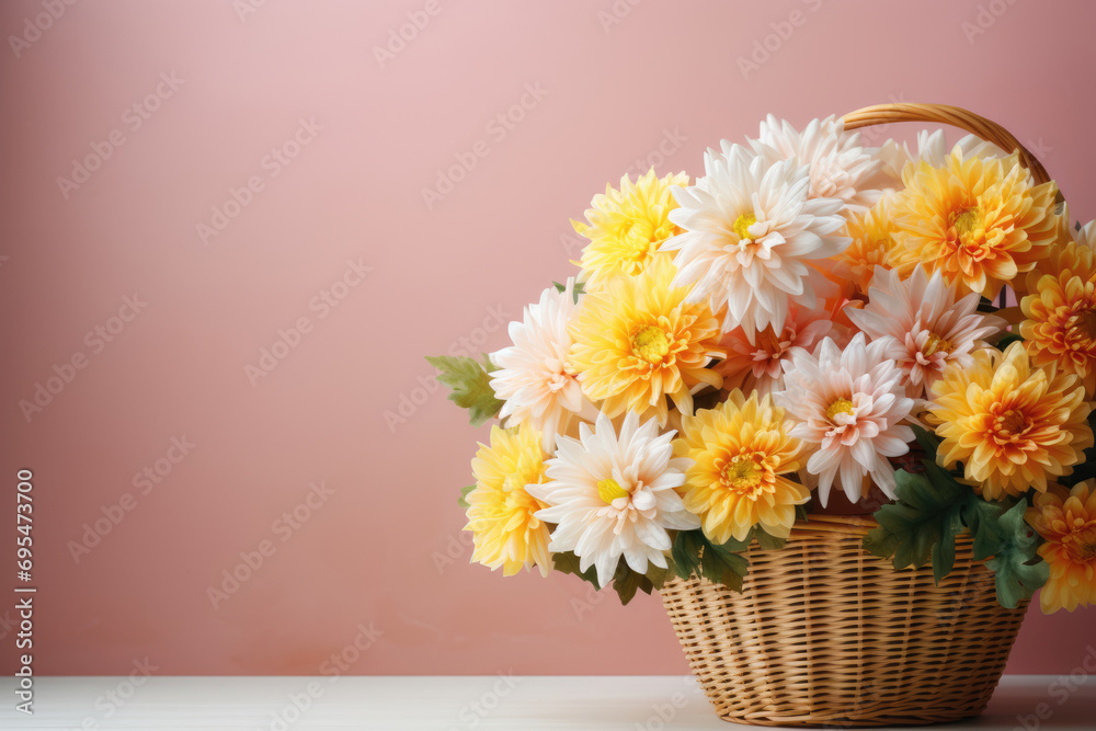 Chrysanthemums in a wicker vase, basket. Copy space for text Chrysanthemums in a wicker vase, basket. Copy space for text