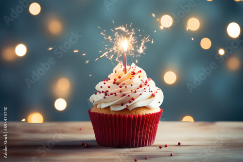 Birthday cupcake with a candle on the table against a bokeh background