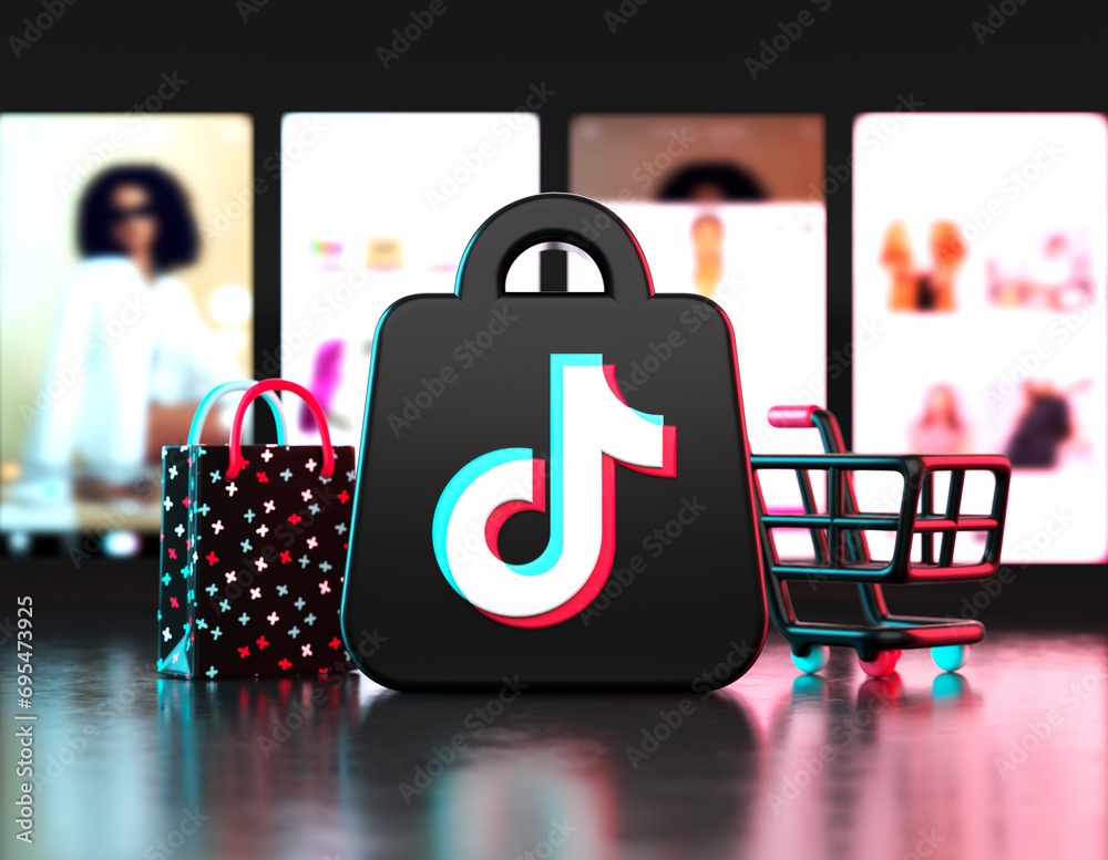 Valencia, Spain December, 2023 TikTok Shop icon with shopping cart