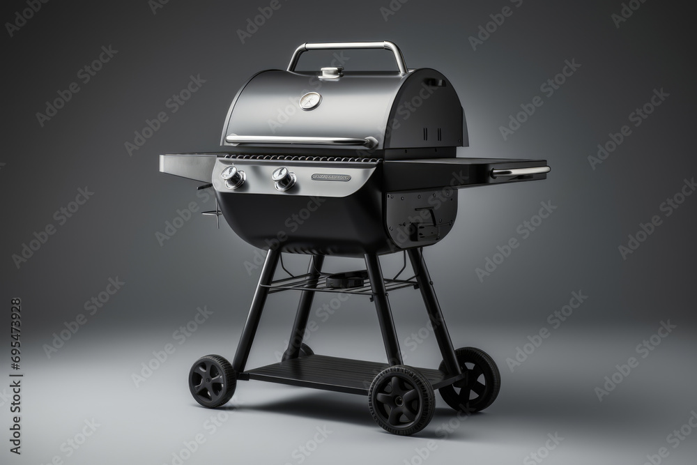 Modern iron BBQ barbecue grill on gray background Modern iron BBQ barbecue grill on gray background