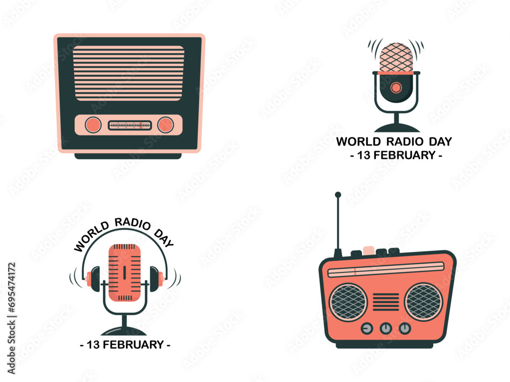 Collection of vector icons of DJ, music studio host, podcast. Vector illustration for World Radio Day. Colored radio station logo.
