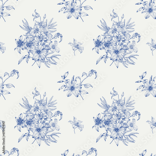Bouquet flowers of Clematis blue on a beige Seamless vector vintage pattern. Hand drawn elements Monochrome. Elegant floral background Textiles, paper, wallpaper decoration