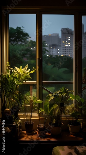 Urban Twilight: A Serene Sunset View from a City Window, Inviting Reflection and Peace, banner for blog, bookcover, tranquil view, Wall Art, backdrop 