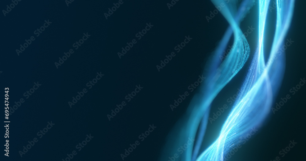 A glowing blue wave flows dynamically across a deep blue background, exemplifying advanced technology and connectivity, with ample copy space on the left side. 3D render
