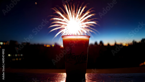 fireworks in the city with a cup of drink