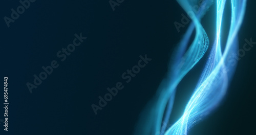 A glowing blue wave flows dynamically across a deep blue background, exemplifying advanced technology and connectivity, with ample copy space on the left side. 3D render