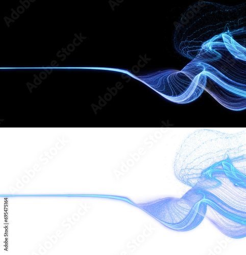 luminous blue line undulates on black and transparent background, branching out into intricate patterns suggesting a digital genesis, ideal for futuristic or tech themes. 3D render