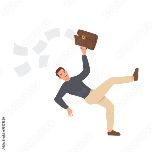 Falling man office employee slipped on banana peel and scattered documents from briefcase. Unfortunate guy slipped due to leftover food lying on ground and risks getting leg or head injury.