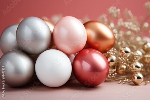  a close up of a bunch of different colored balls next to a chain of gold and silver balls on a pink surface with a pink wall in the back ground.
