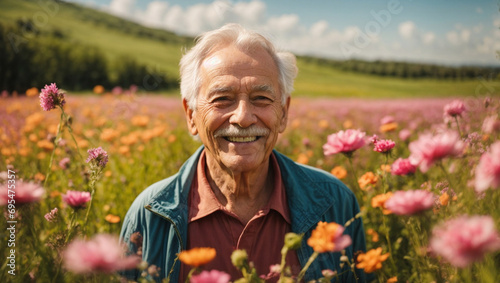Bel signore pensionato di 80 anni felice in un prato fiorito pieno di fiori colorati in primavera photo