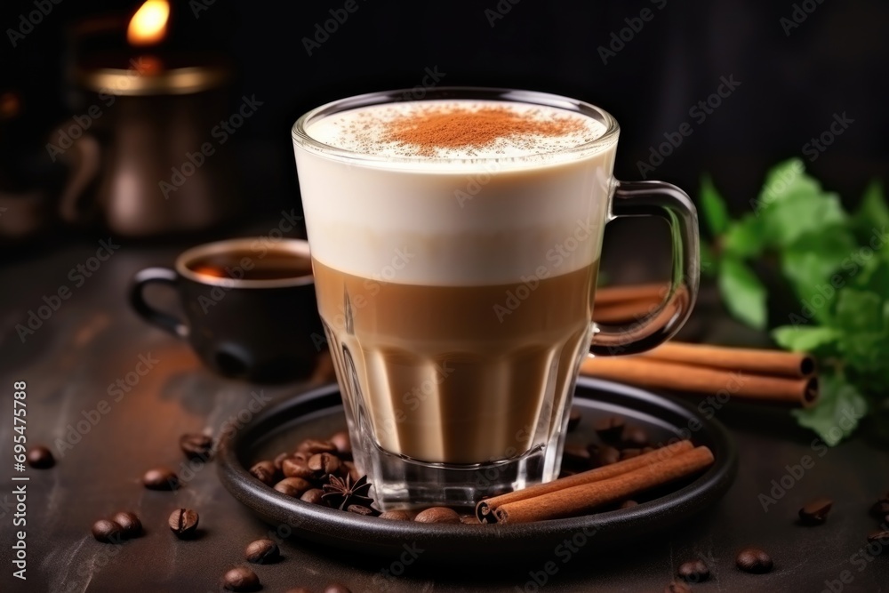 A glass of Dalgona coffee on the kitchen table with cinnamon A glass of Dalgona coffee on the kitchen table with cinnamon