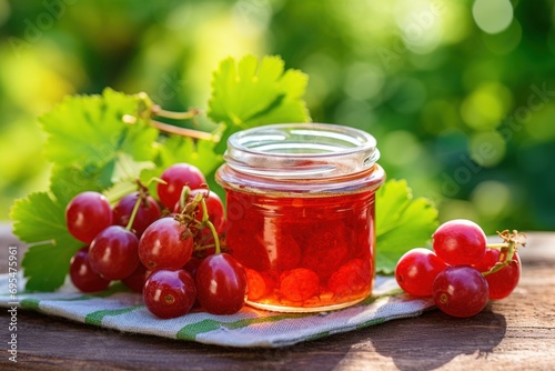  a glass jar filled with red currans next to a bunch of red currans on a napkin on top of a wooden table with a green leafy background. photo