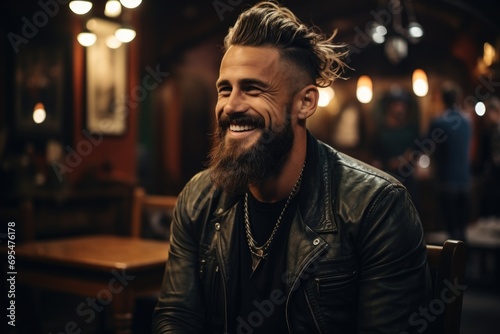 Fototapete A handsome man with a beard and hairstyle is sitting in a bar
