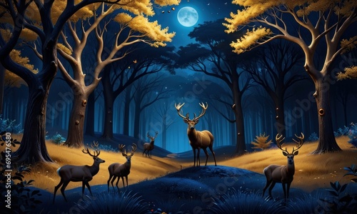 3d landscape wallpaper. dark blue background, golden deer, birds, trees and colorful wood circles, Generative AI